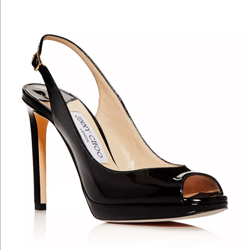 Jimmy Choo | Nova 100 Slingback Peep-Toe Platform Pumps | Black Patent Leather